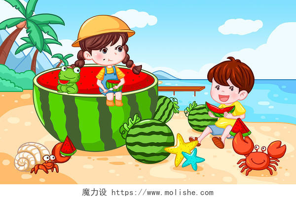 卡通西瓜海边海景卡通手绘插画男孩女孩吃西瓜夏天螃蟹玩耍海滩夏夏天夏日夏季